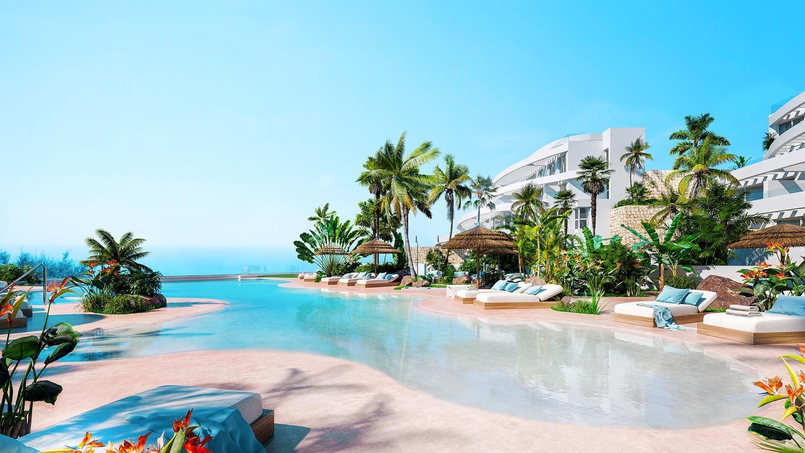 Luxe resort met zwembad, palmbomen en ligbedden