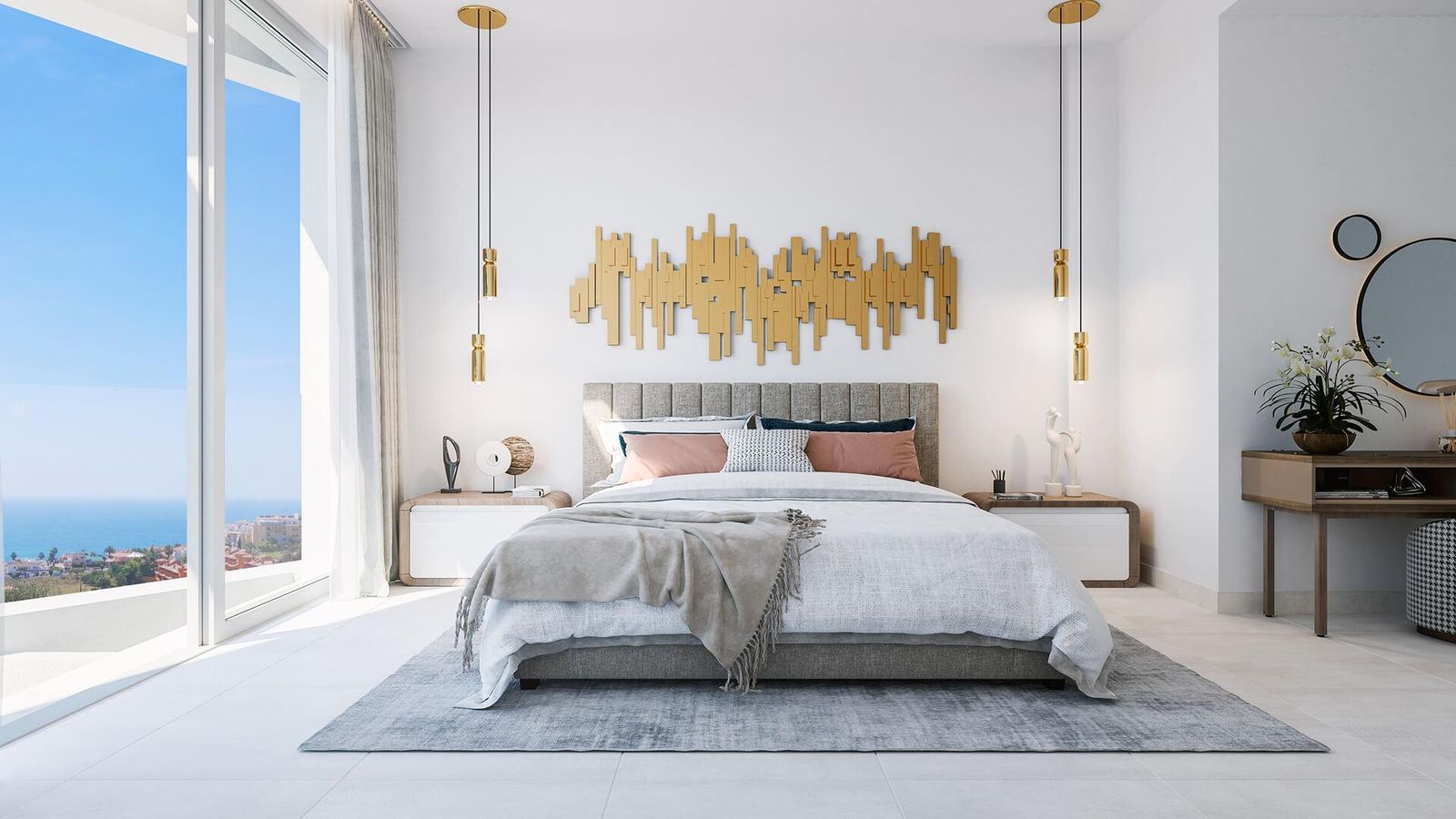 Moderne slaapkamer met uitzicht op zee en gouden details.